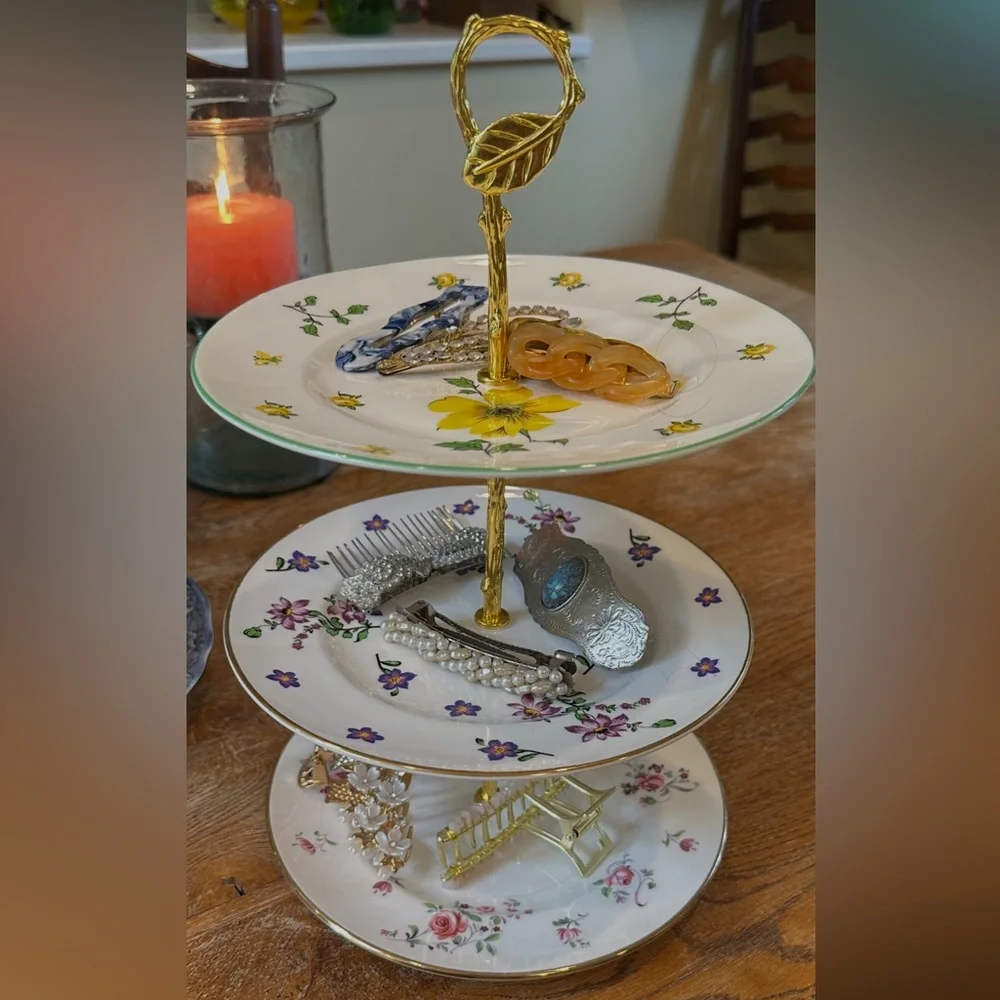 Vintage Floral 3-Tier Stand Gold Handle Jewelry or Dessert Display Cottage Core